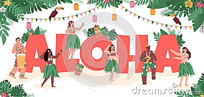 Hawaiian people dancing aloha sign decorated, flat cartoon vector illustration Vector Illustration