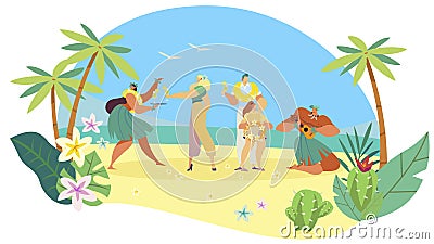 Hawaiian people welcome tourist family on exotic island, ethnic summer vacation, vector illustration Vector Illustration