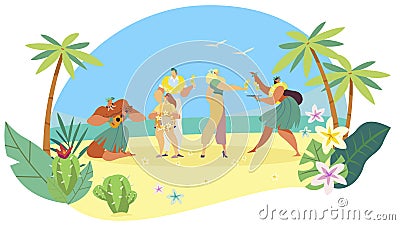 Hawaiian people welcome tourist family on exotic island, ethnic summer vacation, vector illustration Vector Illustration
