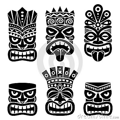 Hawaiian and Polynesia Tiki head totem vector design set- tribal folk art background Vector Illustration