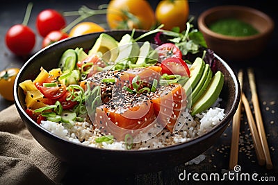 Hawaiian salmon fish poke bowl with rice Stock Photo