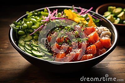 Hawaiian salmon poke bowl with avocado, cucumber, sesame seeds and radish on wooden background, A colorful bowl of poke with fresh Stock Photo