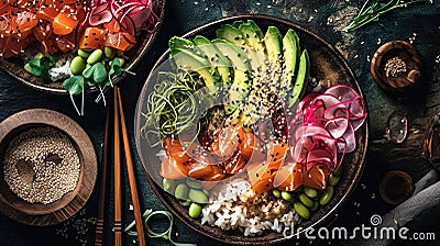 Hawaiian salmon poke bowl with rice, avocado, radish and sesame seeds Stock Photo