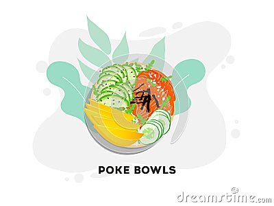 Hawaiian salmon poke bowl with seaweed, avocado rose, sesame seeds and mango. Vector Illustration