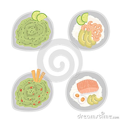 Hawaiian salmon, tuna and shrimp poke bowls with seaweed, avocado, cucumber, radish, rice,egg, broccoli, pickled ginger Vector Illustration