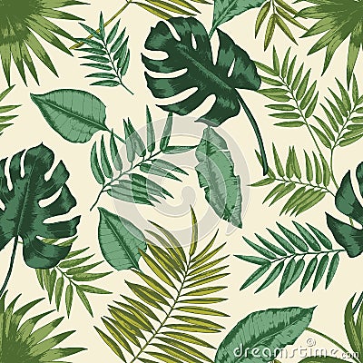 Hawaiian seamless pattern with exotic foliage. Tropical backdrop with leaves of jungle plants and palm branches. Natural Vector Illustration