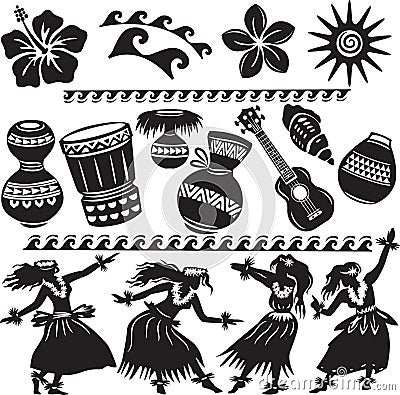 Hawaiian Set with dancers Vector Illustration