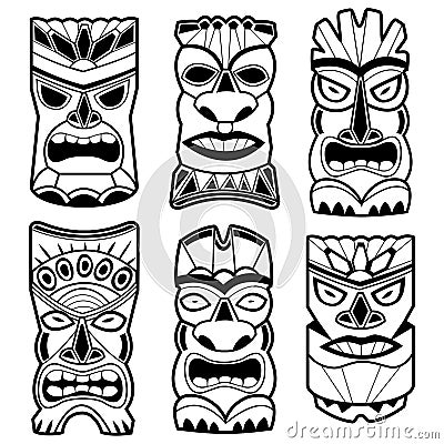 Hawaiian Tiki Statue Masks Black And White Set Stock Vector - Image ...