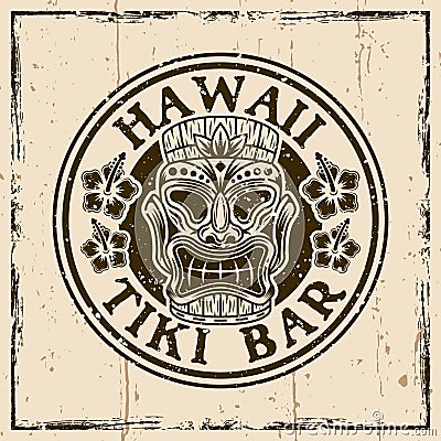 Hawaiian tiki wooden head colored vector round vintage emblem, badge, label, logo or t-shirt print. Illustration on Vector Illustration