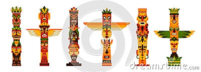 Hawaiian traditional mask totem poles. Flat wooden indigenous tiki totems. Native indian masks, african tribal faces Vector Illustration