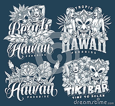 Hawaiian tropical beaches sticker monochrome Vector Illustration