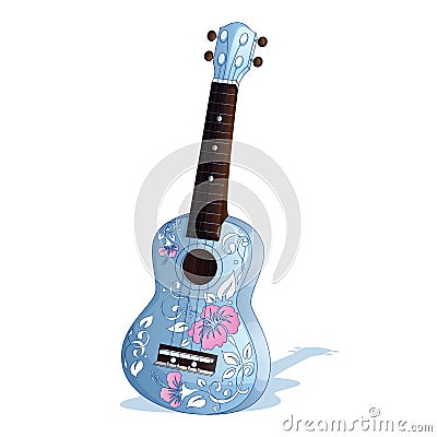 Hawaiian ukulele blue guitar with a pattern of pink hibiscus, white leaves and curls. Folk musical instrument of the islands Vector Illustration