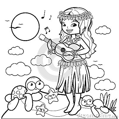 Hawaiian woman playing her guitar on a tropical island. Vector black and white coloring page. Vector Illustration