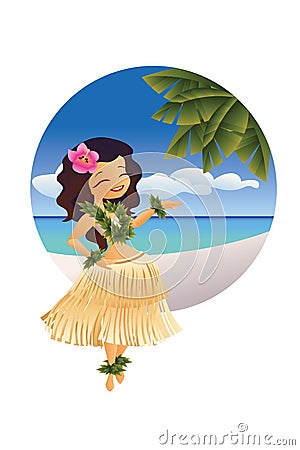 Hawaiian young hula dancer on ocean beach Vector Illustration