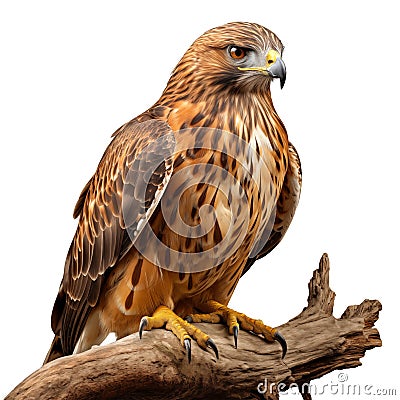 Hawk bird isolated on transparent background. A large hawk looks at the camera at full length. Bird of prey on a Stock Photo