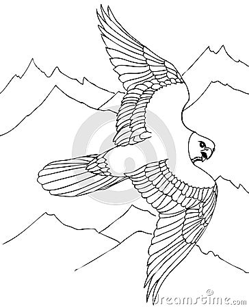 Hawk flies over rocky mountains. Vector Illustration