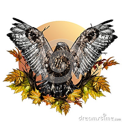 Hawk in flight with spread wings and clawed paws in front composition in a circle decorated with autumn maple leaves and dry branc Vector Illustration