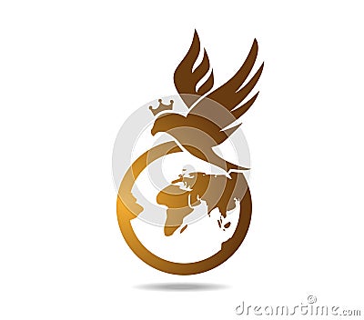 Hawk over the globe. Gold falcon with crown over the planet earth. Logo Vector Illustration