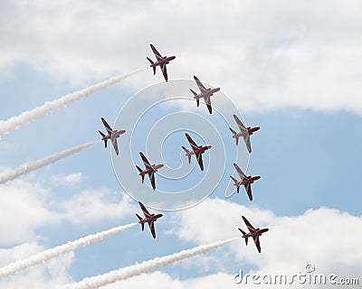 Hawk T1 jets in double arrow formation on air show Stock Photo