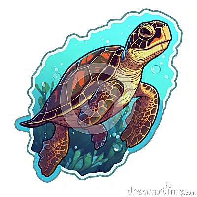 Hawksbill Turtle Sticker With Flat Border - Anime Style Stock Photo