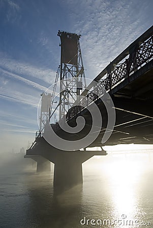 The Hawthorne Bridge with fog. Stock Photo