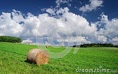 Hay Bale Farm / Summer rural landscape with bales and clouds Stock Photo