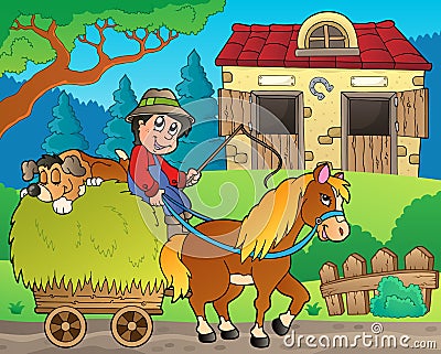 Hay cart with farmer near stable Vector Illustration