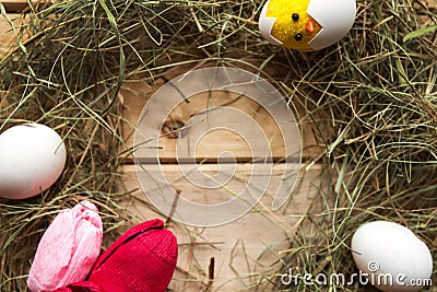 Hay frame, tulips and eggs on wooden background, top view. Stock Photo