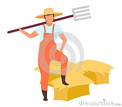 Hay harvesting flat vector illustration. Farm worker with pitchfork cartoon character isolated on white background. Farmer in Vector Illustration