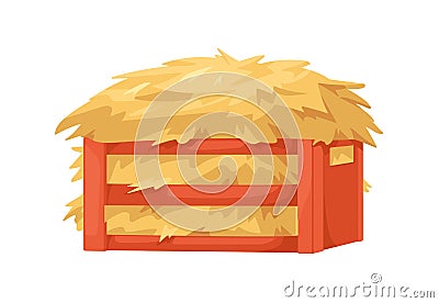 Hay heap in wood crate. Gold straw pile in box. Golden yellow wheat, autumn dry grass bale, forage, fodder in storage Vector Illustration
