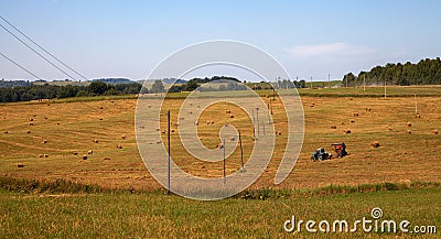 Hayfield. Hay harvesting Sunny autumn landscape. rolls of fresh dry hay in the fields. tractor collects mown grass. fields of Stock Photo