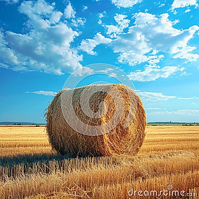 Hayfield serenity Landscape with a solitary hay bale under blue Stock Photo