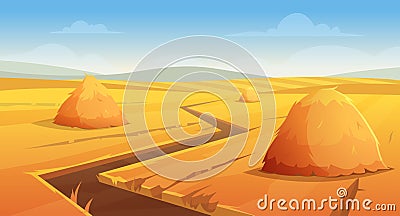 Haystack background. Rural village landscape farm wheat field with round and square stack on horizon exact vector Vector Illustration