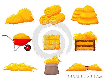 Haystacks. Harvest haystack straw, natural hay. Autumn agriculture, farm harvesting and wheat pile in wooden box Vector Illustration