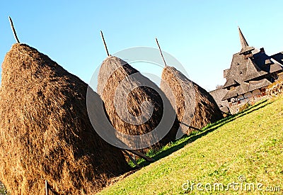 Haystacks near Barsana monastery Stock Photo