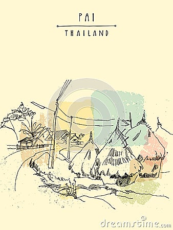 Haystacks in Pai valley Thailand hand drawn vintage artistic postcard Vector Illustration