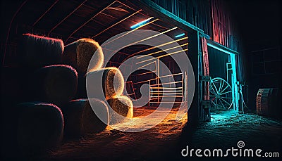 Haystacks sorted inside an agricultural modern warehouse in countryside. Night neon glowing illustration Cartoon Illustration