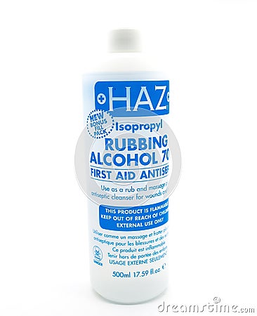 Haz Isopropyl 70% Rubbing Alcohol in Recyclable Plastic Bottle. Editorial Stock Photo