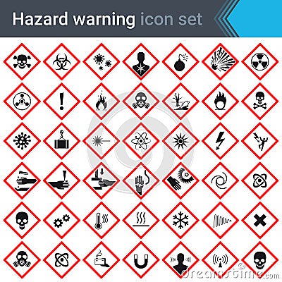 Hazard warning signs. Set of signs warning about danger. 42 high quality hazard symbols and elements. Danger icons. Vector illustr Vector Illustration