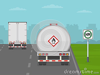 Hazardous materials route road sign area. Back view of tank truck and semi-trailer on highway. Vector Illustration