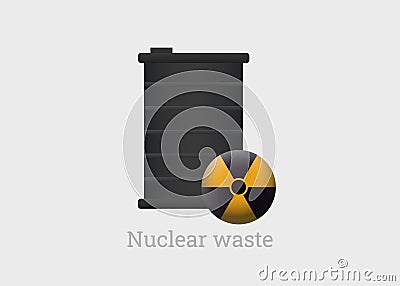 Hazardous nuclear waste. Black barrel with spent plutonium Vector Illustration