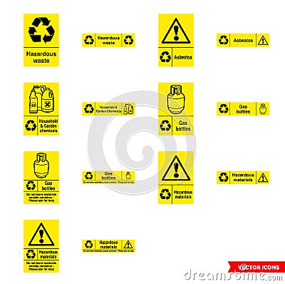 Hazardous waste recycling signs icon set of color types. Isolated vector sign symbols. Icon pack Stock Photo