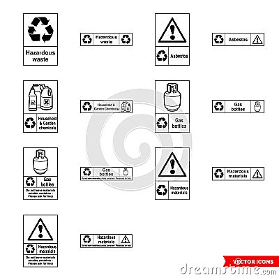 Hazardous waste recycling signs icon set of outline types. Isolated vector sign symbols. Icon pack Stock Photo