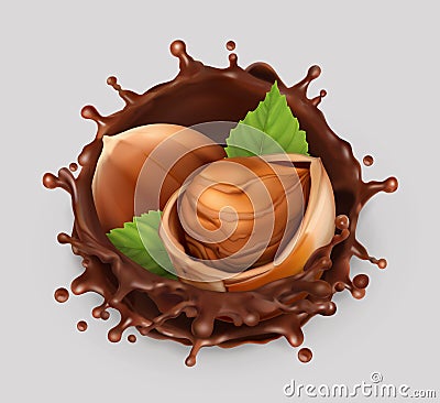 Hazelnut and chocolate splash. 3d vector icon Vector Illustration