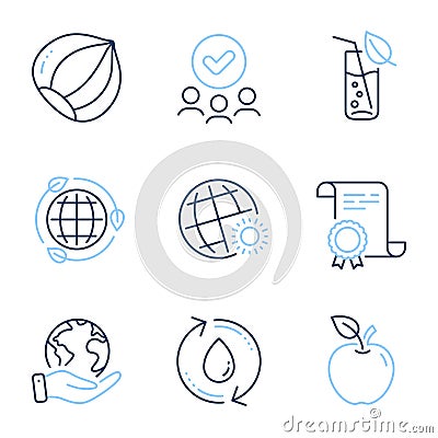 Hazelnut, Eco energy and Water glass icons set. Apple, Refill water and World weather signs. Vector Vector Illustration