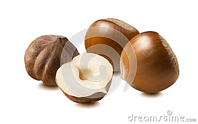 Hazelnut group whole half isolated on white background Stock Photo