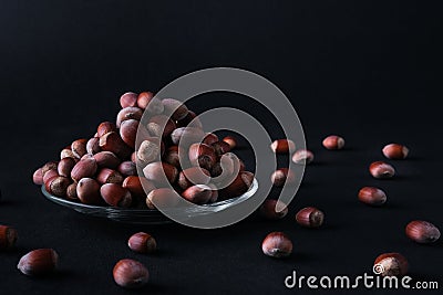 Hazelnut isolated on black background. Set or collection. Stock Photo