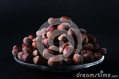 Hazelnut isolated on black background. Set or collection. Stock Photo