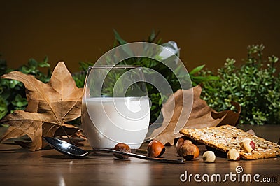 Hazelnut milk glass with maple leaves and cereal cracker Stock Photo