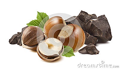 4 hazelnuts and broken dark chocolate isolated Stock Photo